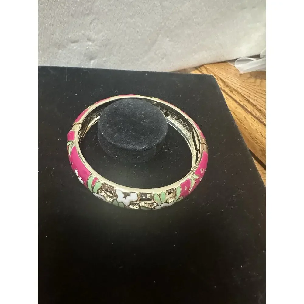 Sequin Nordstrom Pink Floral Gold Tone Statement Enamel Hinge Bracelet #97